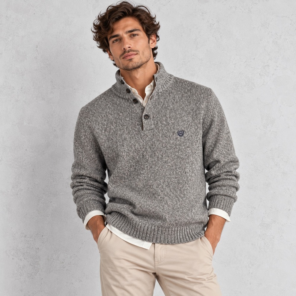 Chaps Men's Gray Mock Neck Button Knit Sweater Elbow Patches Cozy Size L/G